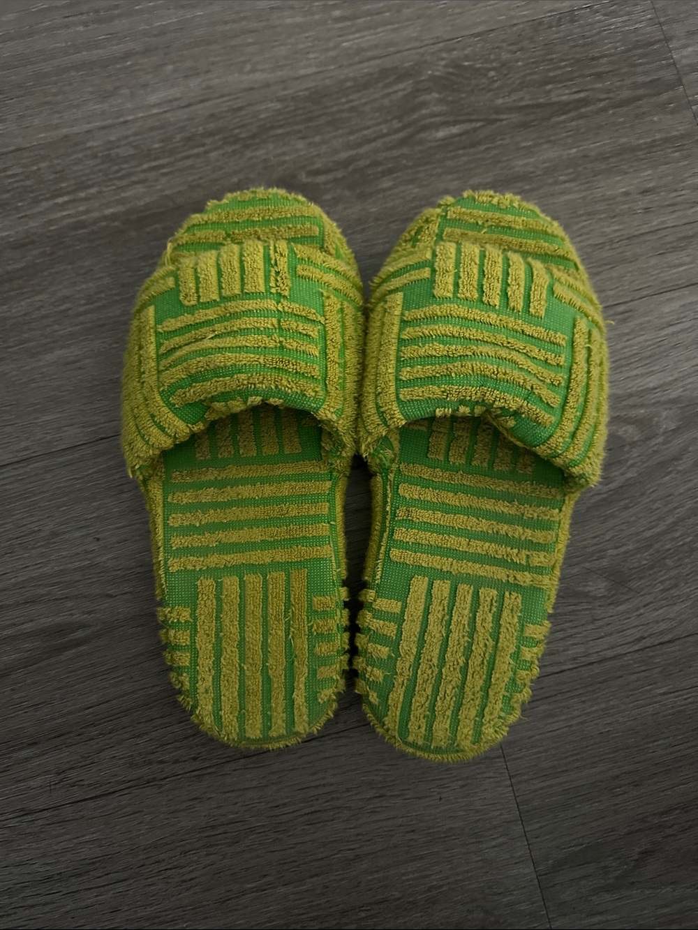 Bottega Veneta Green and Yellow Textured Terry Slide Slippers
